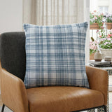 24" Blue Check Cotton Blend Throw Pillow With Embroidery