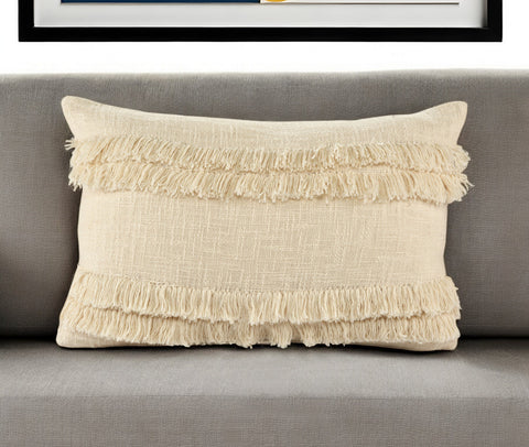 14" X 20" Cream Cotton Throw Pillow With Texture