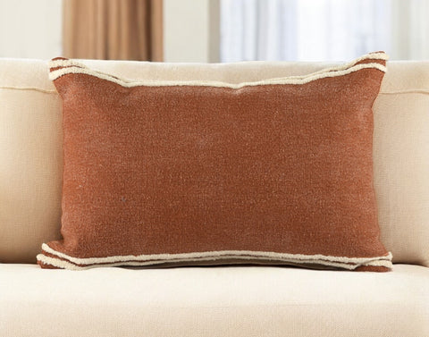 16" X 24" Cinnamon And Natural Striped Cotton Lumbar Throw Pillow With Texture
