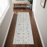 8' Ivory And Blue Floral Runner Rug