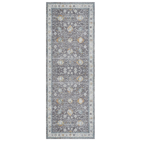 8' Gray And Blue Floral Distressed Runner Rug