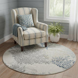 5' Ivory Blue And Gray Seashell and Coral Non Skid Round Rug