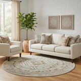8' Beige Teal Blue And Orange Oriental Non Skid Round Rug