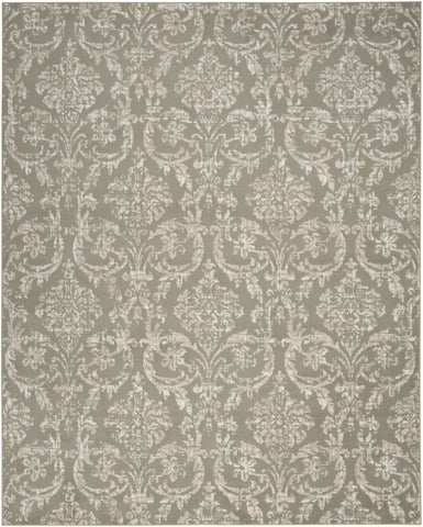 5' X 7' Olive Green and Ivory Damask Distressed Non Skid Area Rug