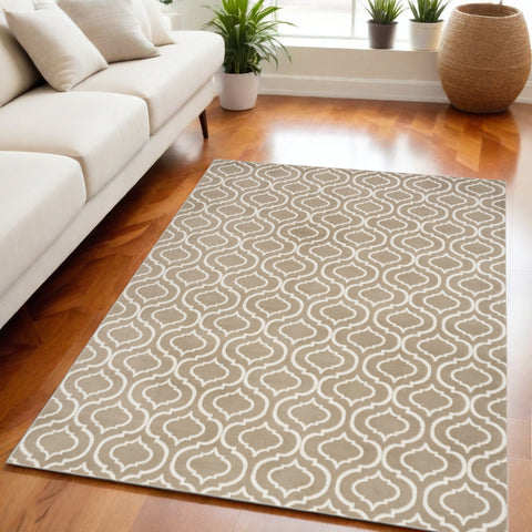 5' X 7' Taupe and Ivory Trellis Non Skid Area Rug