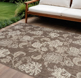 6' X 9' Brown And Ivory Floral Indoor Outdoor Area Rug