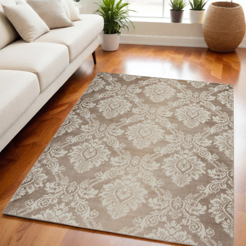 5' X 7' Taupe and Ivory Damask Distressed Non Skid Area Rug