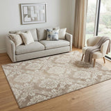 5' X 7' Taupe and Ivory Damask Distressed Non Skid Area Rug