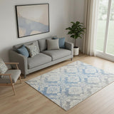 5' X 7' Blue And Ivory Damask Distressed Non Skid Area Rug