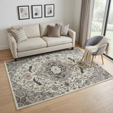 5' X 7' Gray and Ivory Floral Non Skid Area Rug
