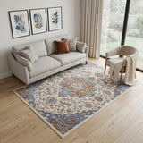 5' X 7' Ivory Blue and Gray Floral Non Skid Area Rug