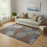 5' X 7' Blue And Brown Seashell and Coral Non Skid Area Rug