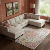 6' X 9' Ivory Pink And Red Floral Medallion Area Rug