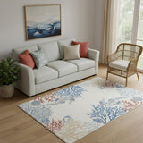 5' X 7' Ivory Blue And Brown Seashell and Coral Area Rug