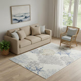 5' X 7' Ivory Blue And Gray Seashell and Coral Non Skid Area Rug