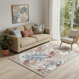 5' X 7' Ivory Blue And Gray Botanical Leaves Area Rug