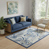 5' X 7' Ivory Blue And Brown Botanical Leaves Area Rug