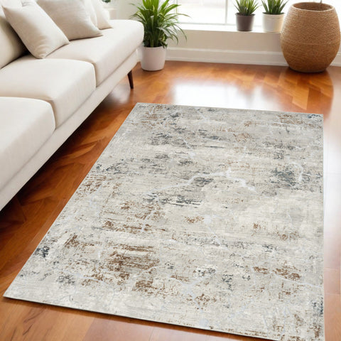 5' X 7' Ivory Gray and Brown Abstract Non Skid Area Rug