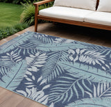 8' X 10' Navy Blue Sky Blue And Ivory Palm Leaf Indoor Outdoor Area Rug