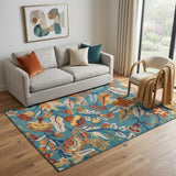 5' X 7' Aqua Floral Power Loom Area Rug