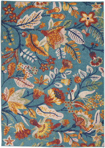 5' X 7' Aqua Floral Power Loom Area Rug