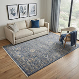5' X 8' Blue And Cream Floral Non Skid Area Rug With Fringe