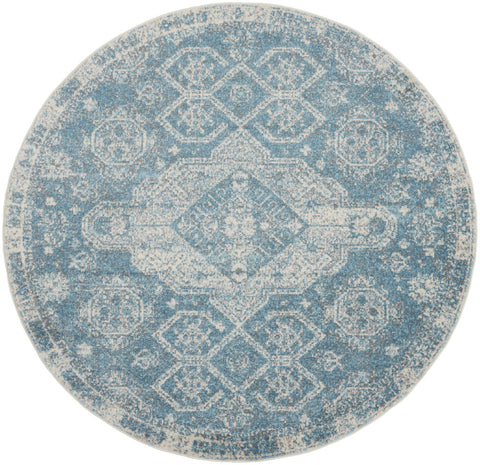 8' Ivory And Light Blue Geometric Distressed Round Rug