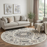 8' Ivory Black and Gray Floral Medallion Non Skid Round Rug
