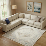 7' X 9' Beige Blue And Ivory Floral Medallion Area Rug
