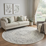 8' Ivory And Gray Floral Medallion Distressed Round Rug
