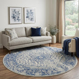 8' Ivory And Light Blue Floral Medallion Distressed Round Rug
