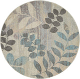 8' Ivory Gray And Blue Botanical Leaves Round Rug