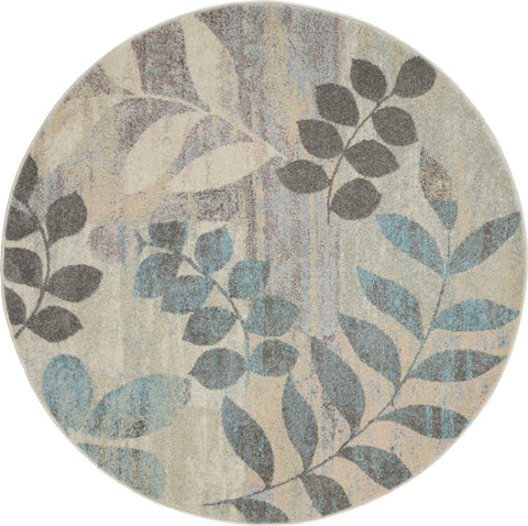 8' Ivory Gray And Blue Botanical Leaves Round Rug