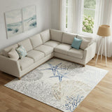 6' X 9' Ivory Blue And Gray Seashell and Coral Non Skid Area Rug