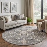8' Ivory Black and Gray Floral Medallion Non Skid Round Rug