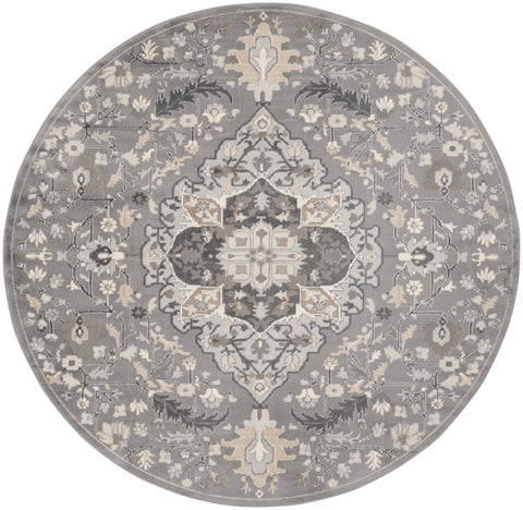 8' Ivory Black and Gray Floral Medallion Non Skid Round Rug