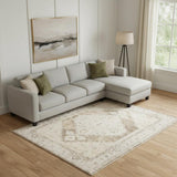 8' X 10' Beige and Bronze Floral Power Loom Distressed Area Rug