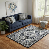 5' X 7' Black Ivory And Blue Floral Area Rug