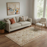 5' X 8' Ivory And Red Geometric Distressed Area Rug