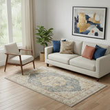 5' X 8' Ivory And Blue Floral Distressed Area Rug