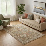 5' X 8' Ivory And Green Geometric Distressed Area Rug