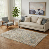 5' X 8' Beige Blue And Brown Geometric Distressed Area Rug
