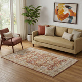 5' X 8' Rust Ivory And Blue Geometric Distressed Area Rug