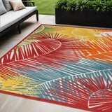5' X 7' Orange Yellow Red Blue And Green Palm Leaf Indoor Outdoor Area Rug