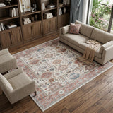 8' X 10' Ivory and Red Floral Distressed Non Skid Area Rug