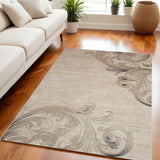 5' X 7' Tan Black and Ivory Damask Non Skid Area Rug