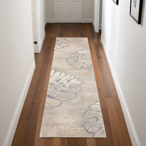 8' Beige and Gray Floral Non Skid Runner Rug