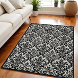 5' X 7' Ivory and Black Damask Distressed Area Rug
