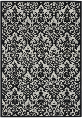 5' X 7' Ivory and Black Damask Distressed Area Rug