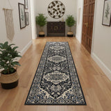 10' Black Ivory And Blue Floral Runner Rug
